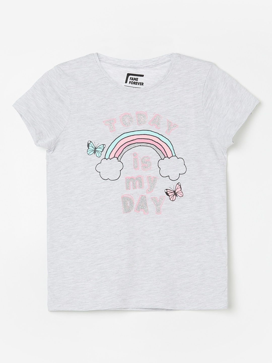 

Fame Forever by Lifestyle Girls Graphic Printed Round Neck Cotton T-shirt, Grey melange