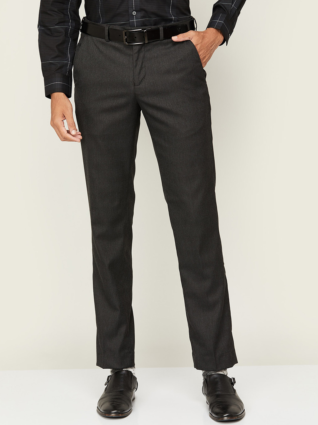 

CODE by Lifestyle Men Slim Fit Mid-Rise Formal Trousers, Charcoal