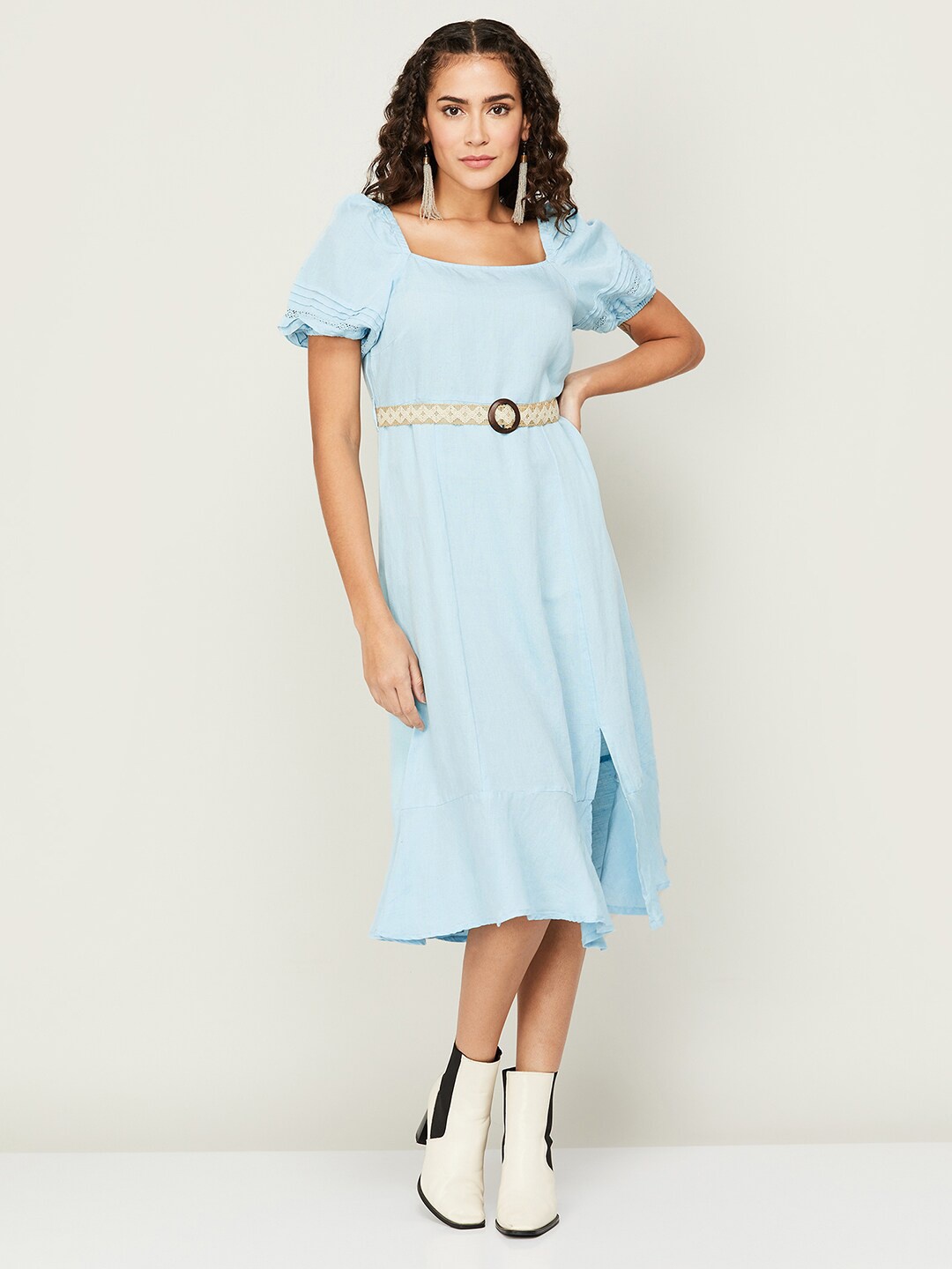 

CODE by Lifestyle Linen Square Neck Puff Sleeves A-Line Midi Dress, Blue
