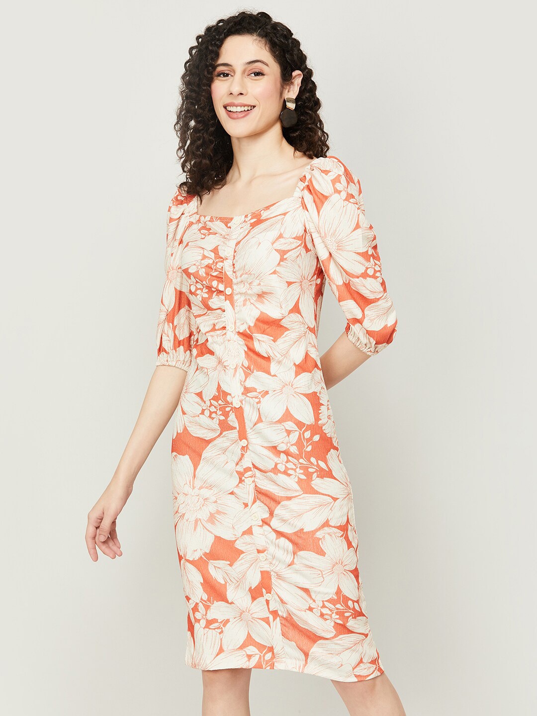 

CODE by Lifestyle Floral Printed Square Neck Puff Sleeves Sheath Dress, Orange
