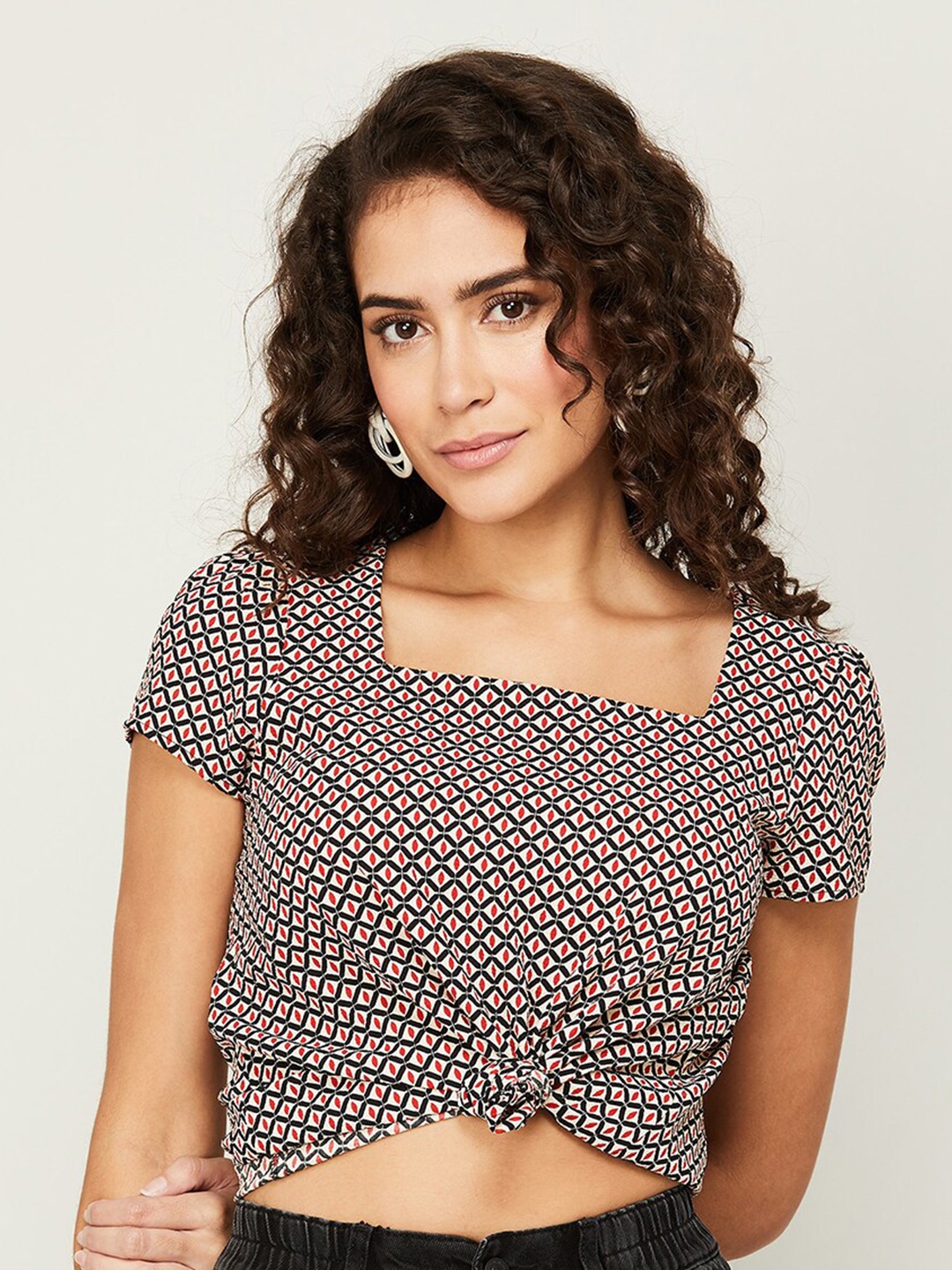 

Fame Forever by Lifestyle Geometric printed Square Neck Cotton Top, White