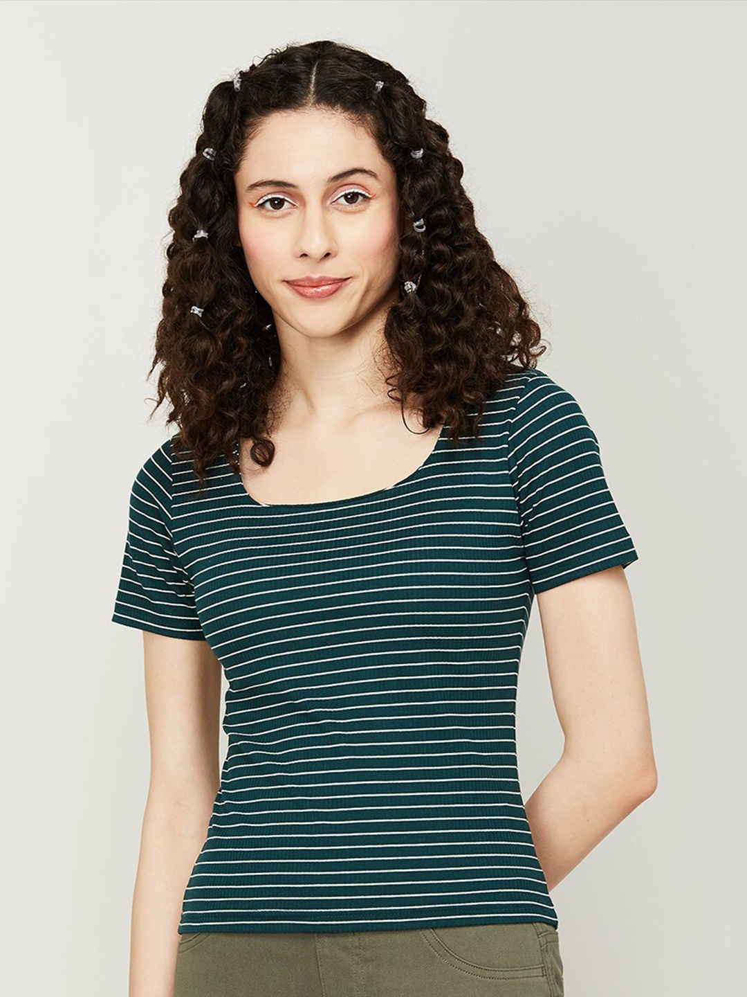 

Ginger by Lifestyle Ribbed & Striped Casual Cotton Top, Green