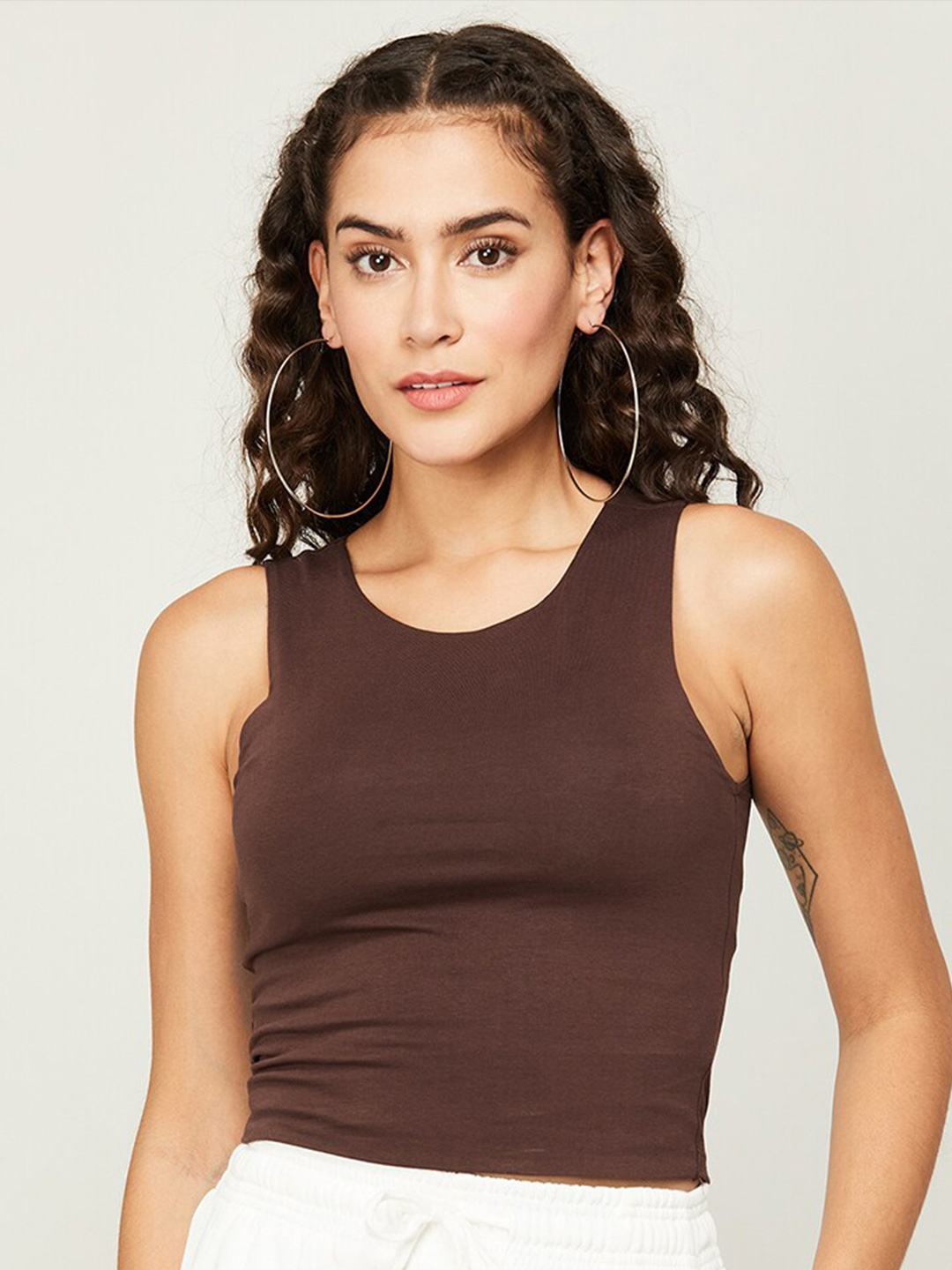 

Ginger by Lifestyle Sleeveless Casual Knitted Cotton Crop Top, Brown