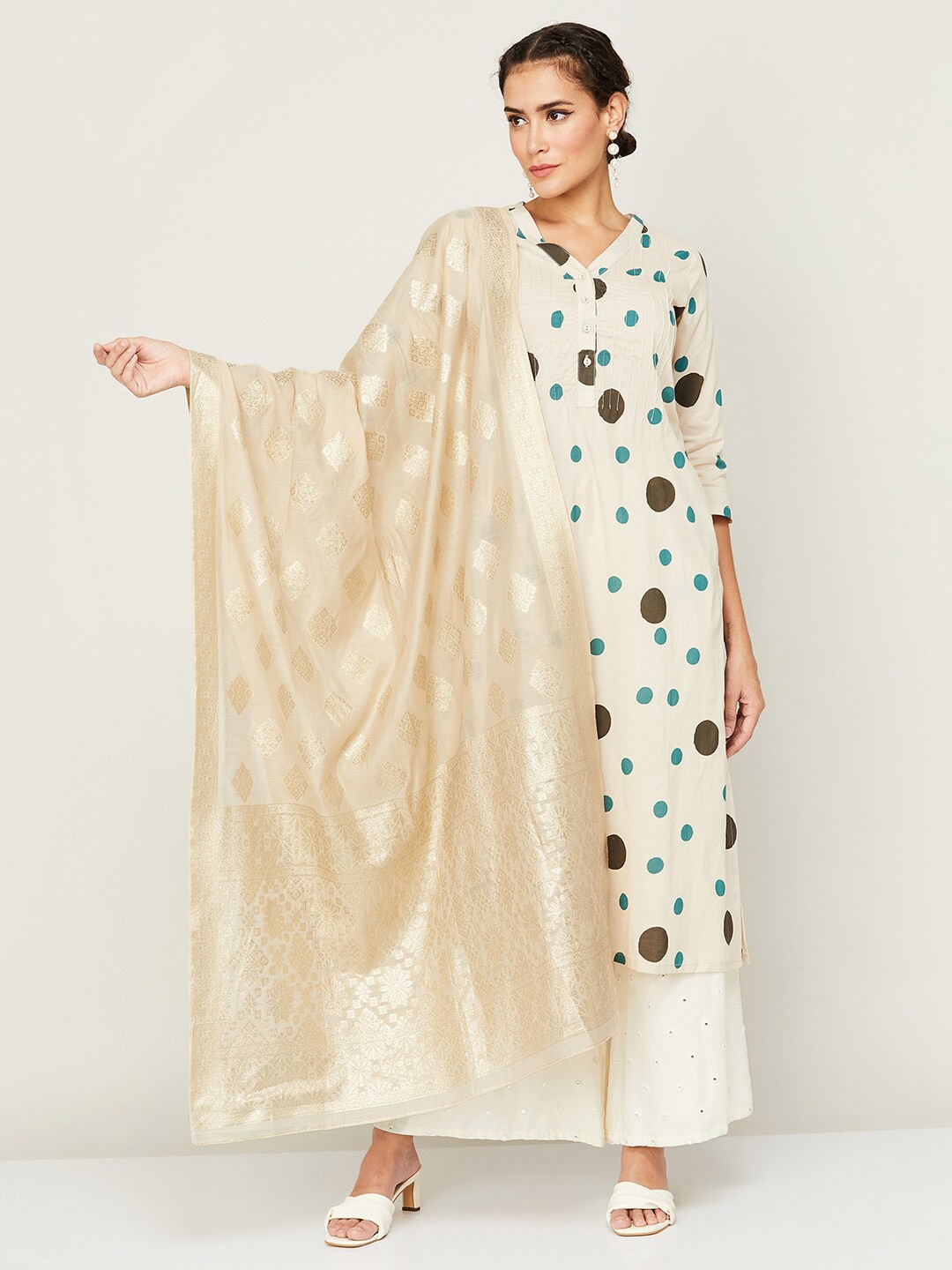 

Melange by Lifestyle Ethnic Motifs Woven Design Cotton Dupatta, Beige
