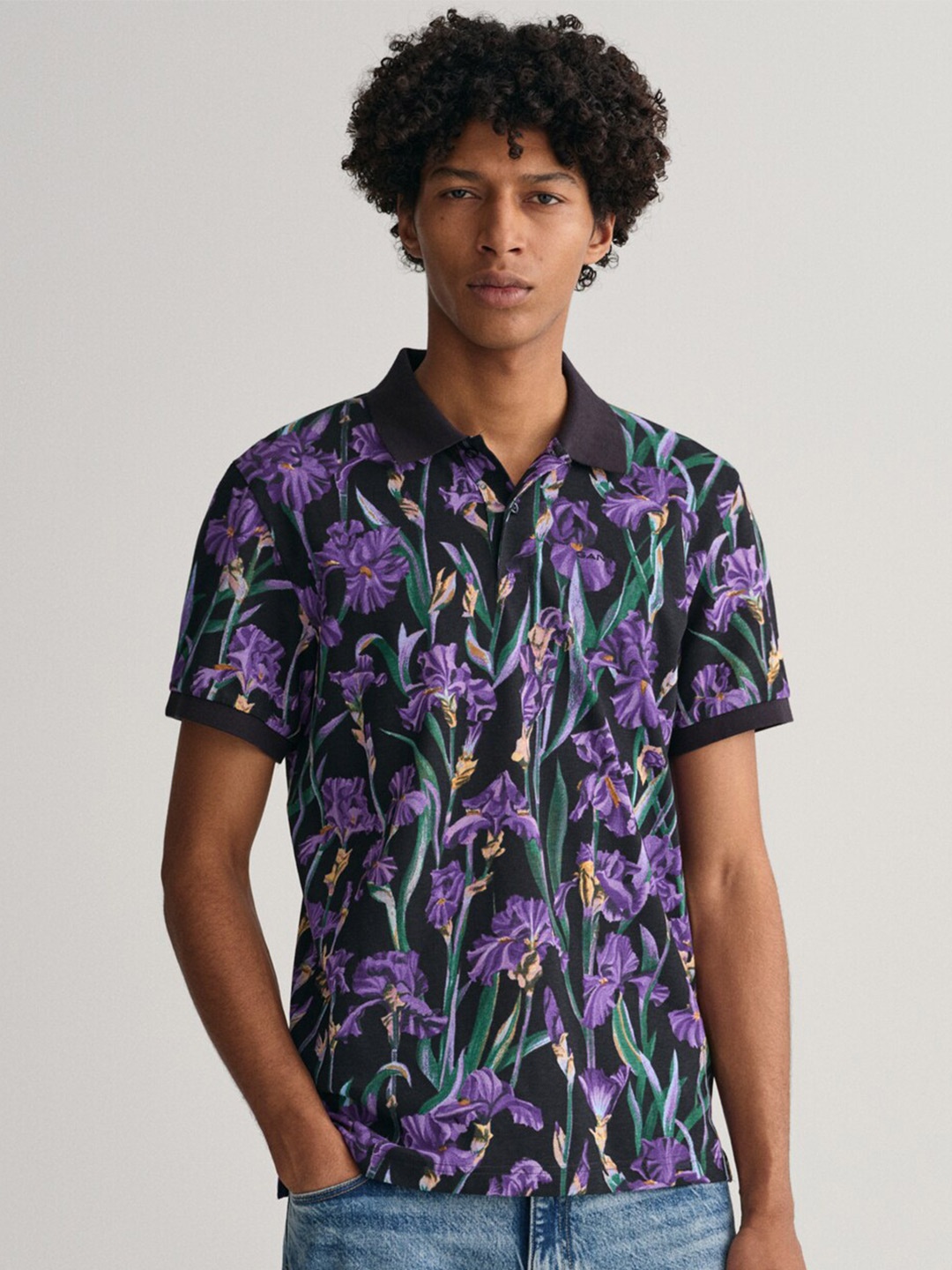 

GANT Floral Printed Polo Collar Short Sleeves Pure Cotton T-shirt, Navy blue