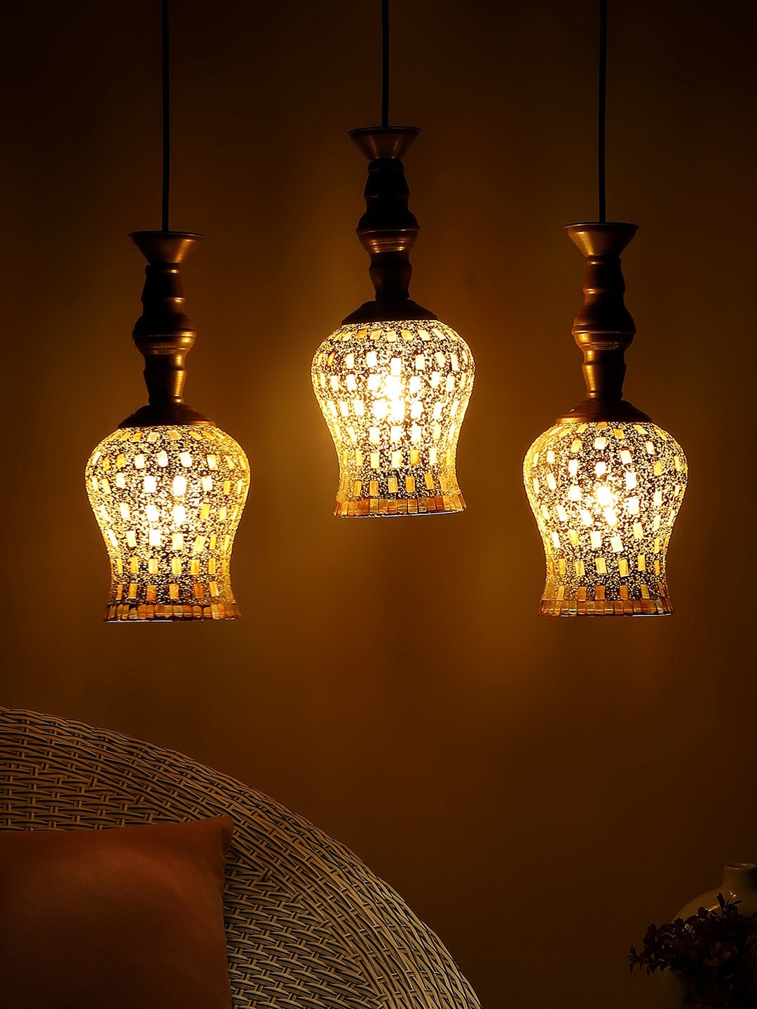 

MFD HOME FURNISHING Beige & Red Textured 3 Shade Light Ceiling Lamp