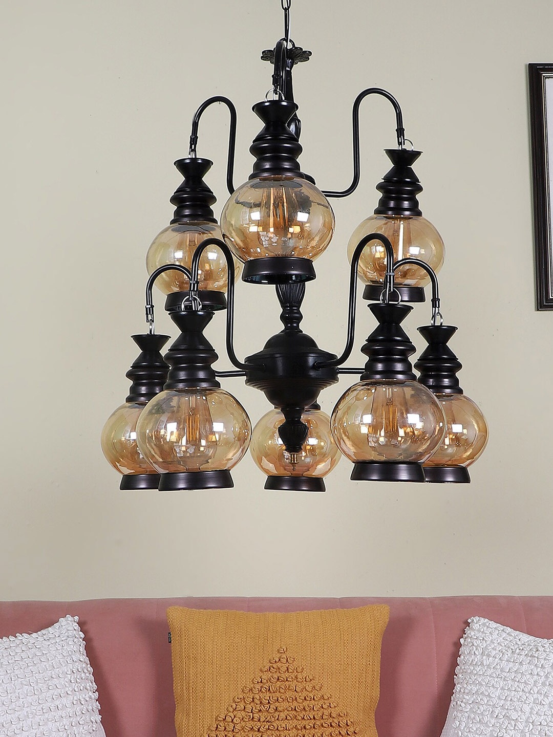 

MFD HOME FURNISHING Black & Beige Textured Glass Ceiling Lamp