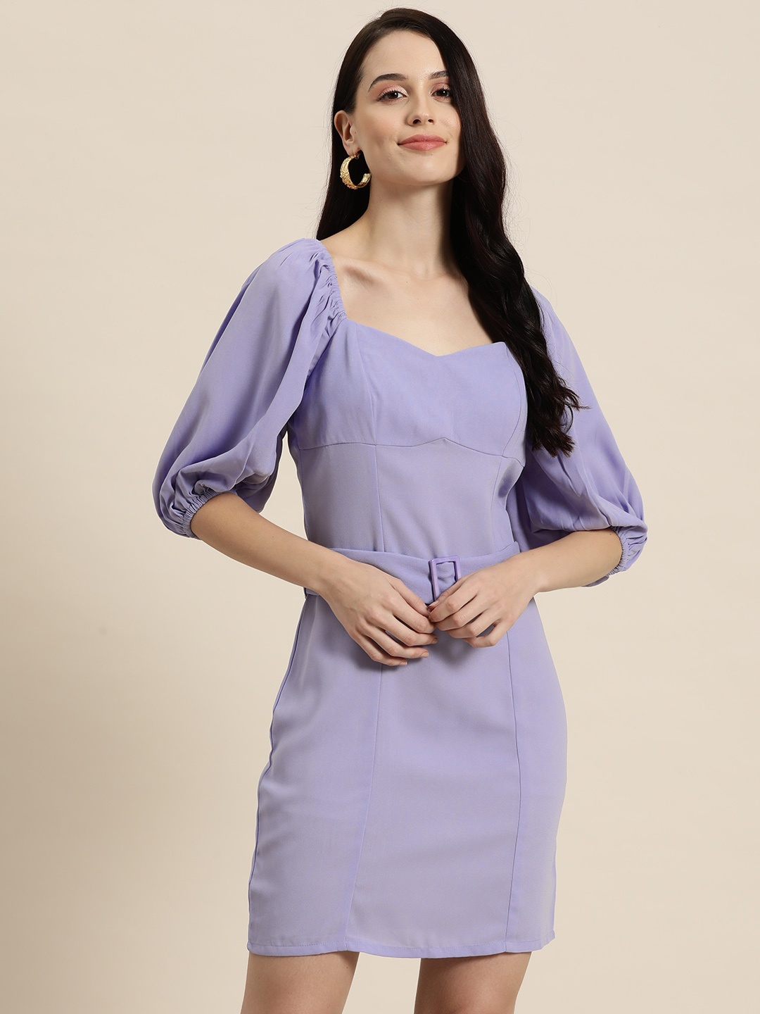 

HERE&NOW Puff Sleeves Sheath Dress with Belt, Lavender