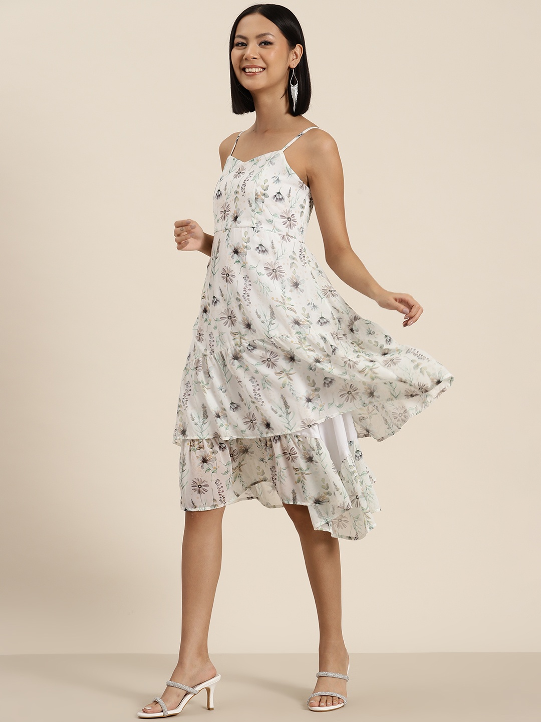 

HERE&NOW Floral Print Layered Fit & Flare Dress, White