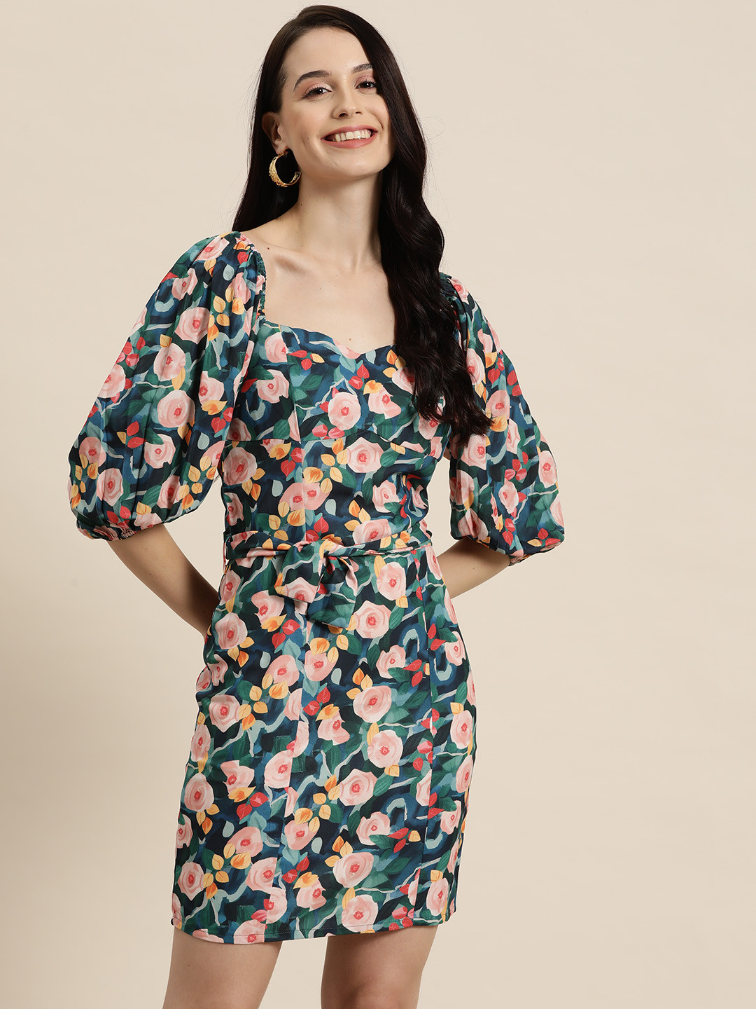 

HERE&NOW Floral Print Puff Sleeves Sheath Dress with Belt, Blue