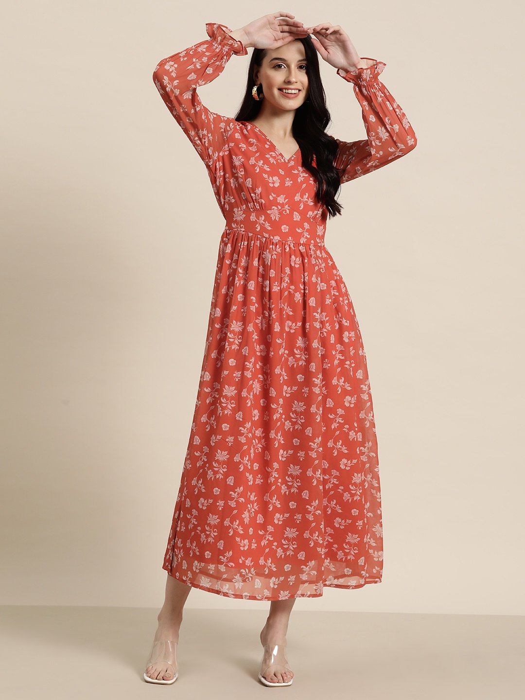 

HERE&NOW Floral Print Puff Sleeves Maxi Dress, Coral