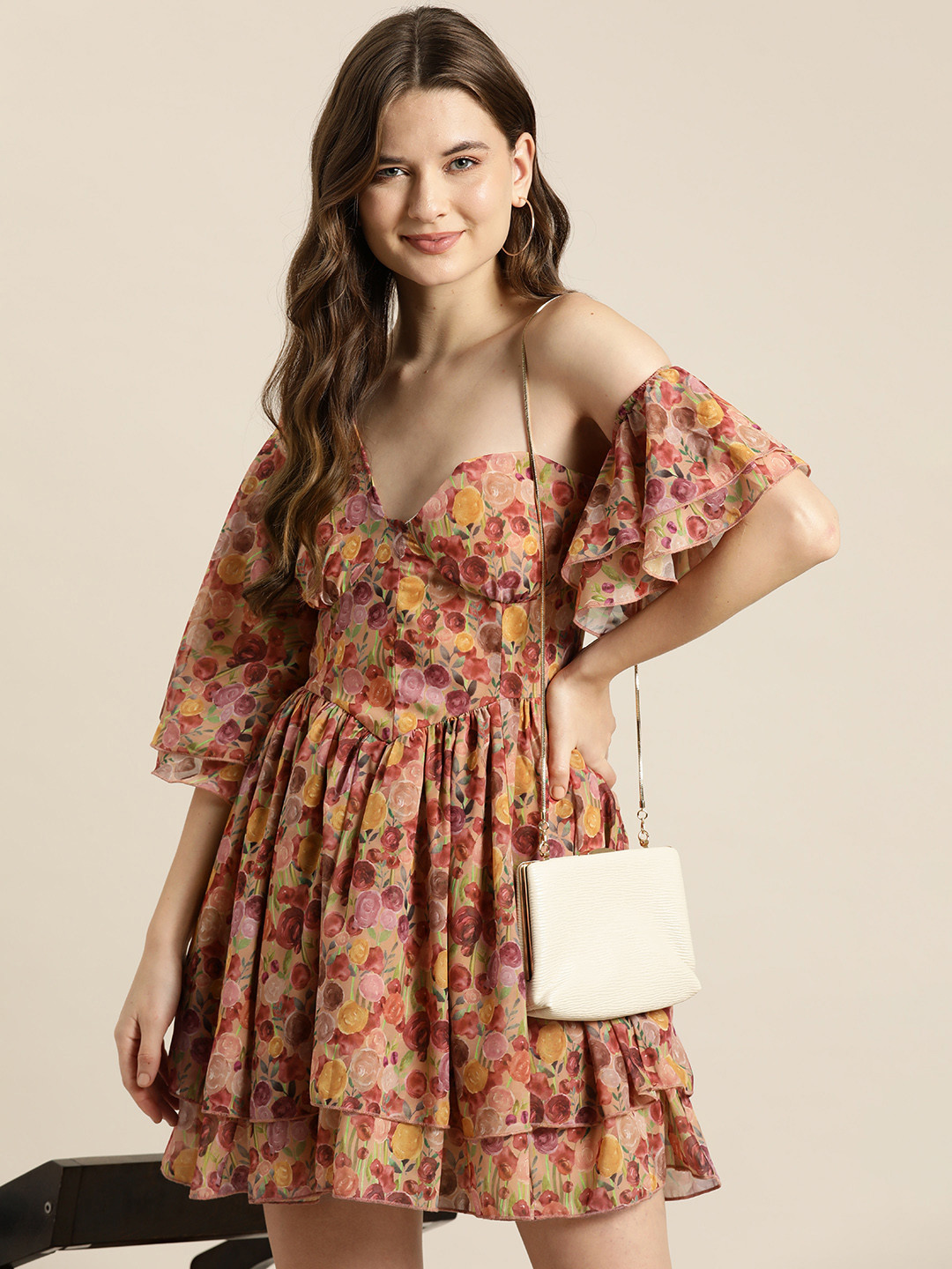 

HERE&NOW Floral Print One Shoulder A-Line Mini Dress, Peach