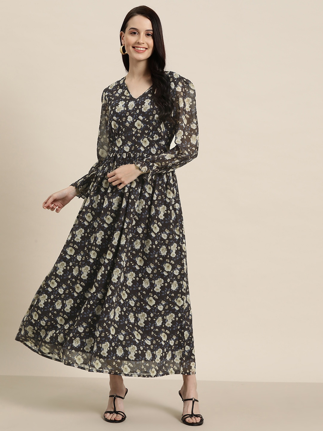 

HERE&NOW Floral Print Puff Sleeves Maxi Dress, Black