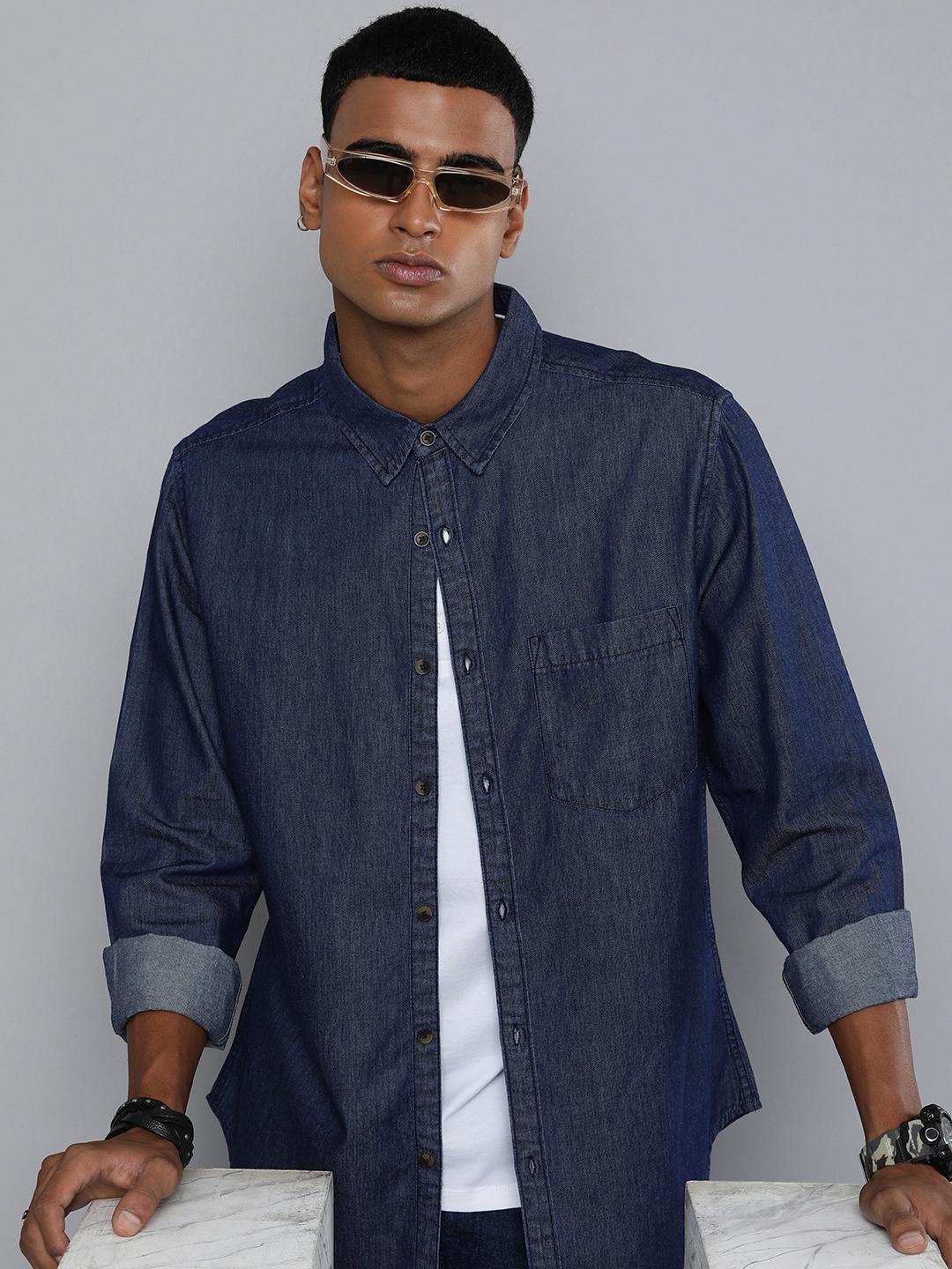 

R Code by The Roadster Life Co Men Pure Cotton Opaque Casual Shirt, Navy blue