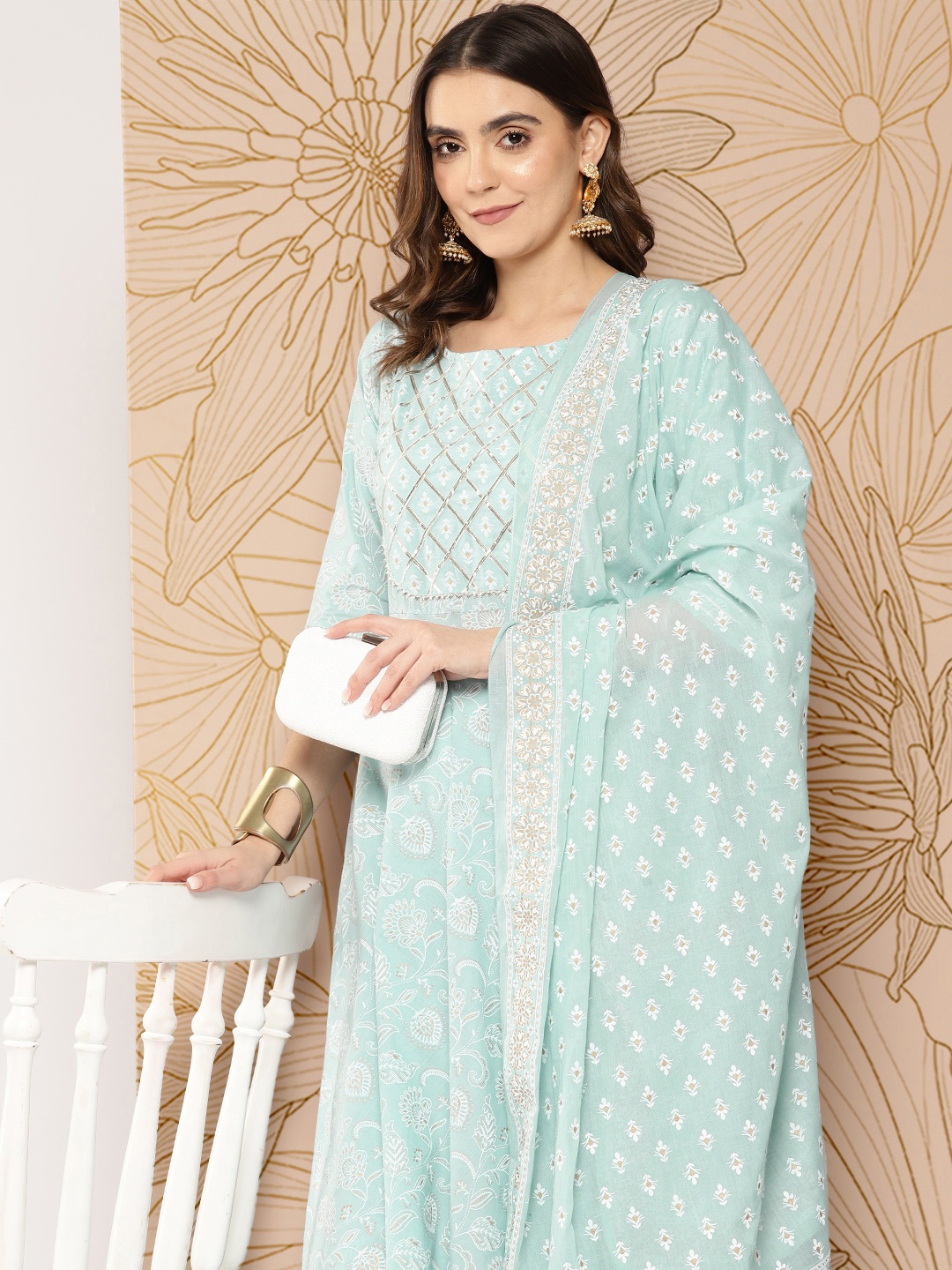 

Nayo Women Ethnic Motifs Printed Regular Pure Cotton Kurta with Trousers & Dupatta, Blue