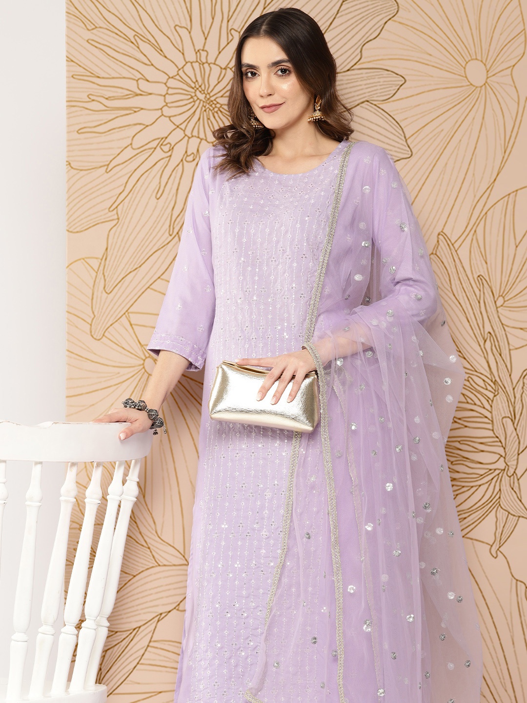 

Nayo Women Embroidered Regular Pure Cotton Kurta with Palazzos & Dupatta, Lavender