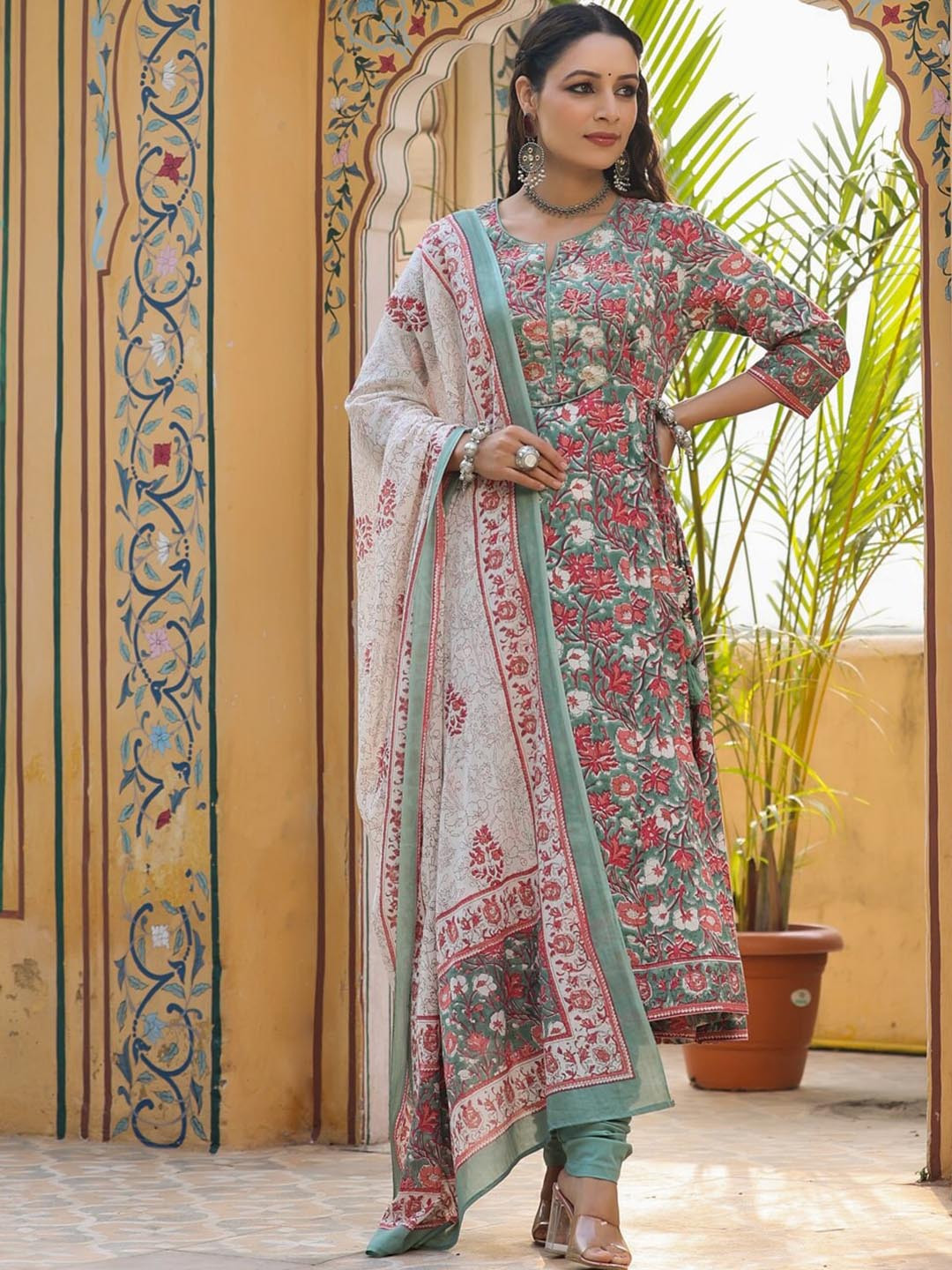 

Rain & Rainbow Floral Printed Pure Cotton Anarkali Kurta with Churidar & With Dupatta, Green