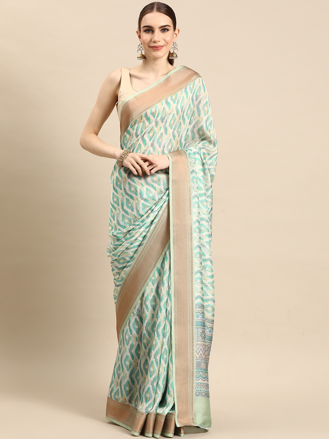 

all about you Geometric Printed Zari Saree, Green