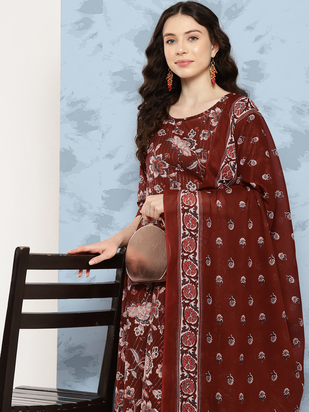 

Nayo Women Floral Printed Regular Pure Cotton Kurta with Trousers & Dupatta, Maroon
