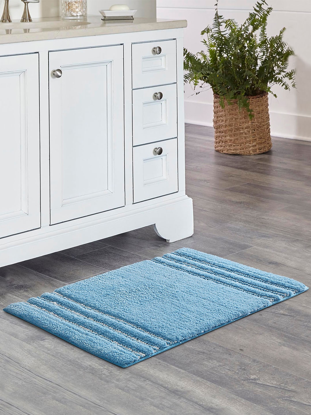 

OBSESSIONS Blue & White Self Design Ultra Absorbent Anti-Skid Rectangular Bathmat