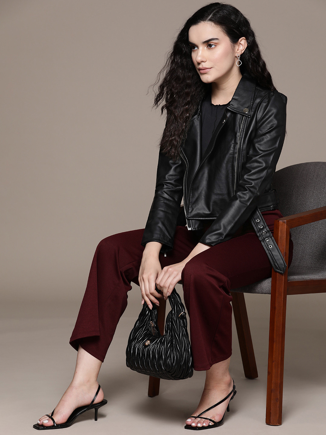 

bebe Brighter Basics Spread Collar Mock Pocket Detailed Crop Leather Jacket with Belt, Black