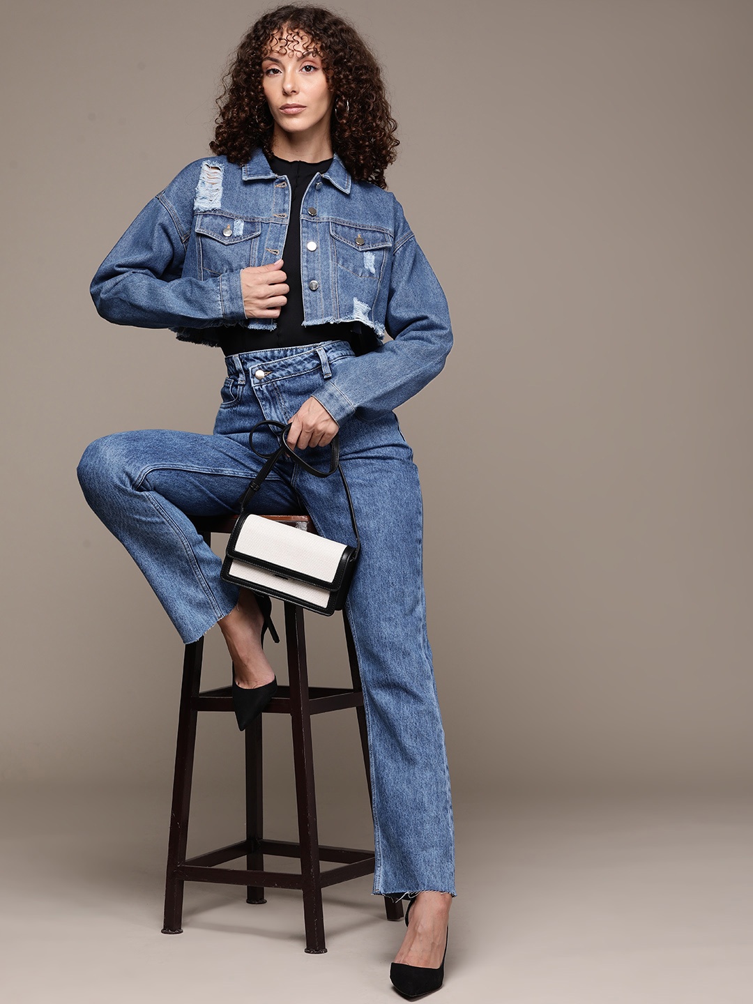 

bebe Denim Daze Ripped Detail Cropped Pure Cotton Denim Jacket, Navy blue