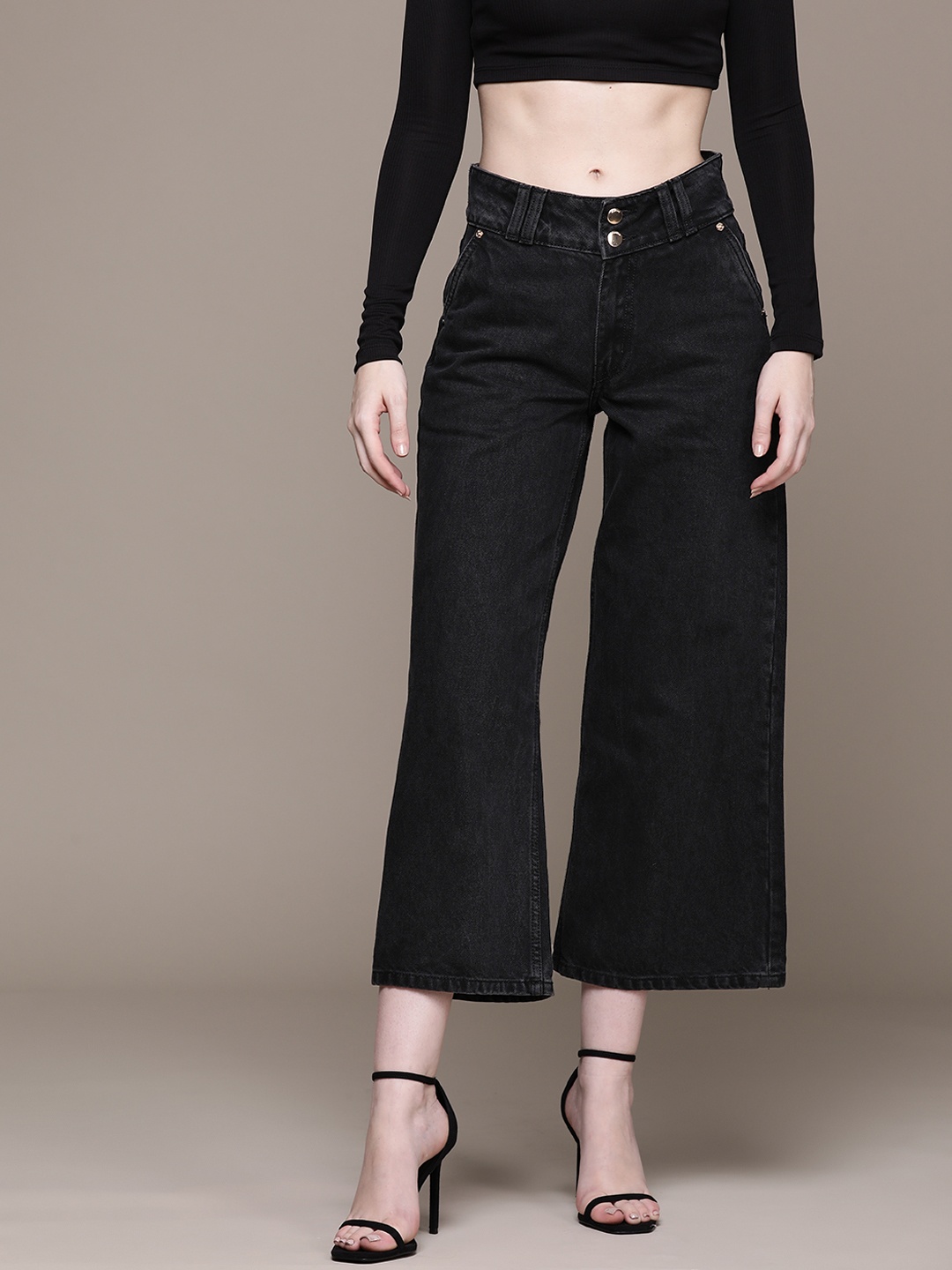 

bebe Denim Daze Pure Cotton High-Rise Wide Leg Cropped Jeans, Black