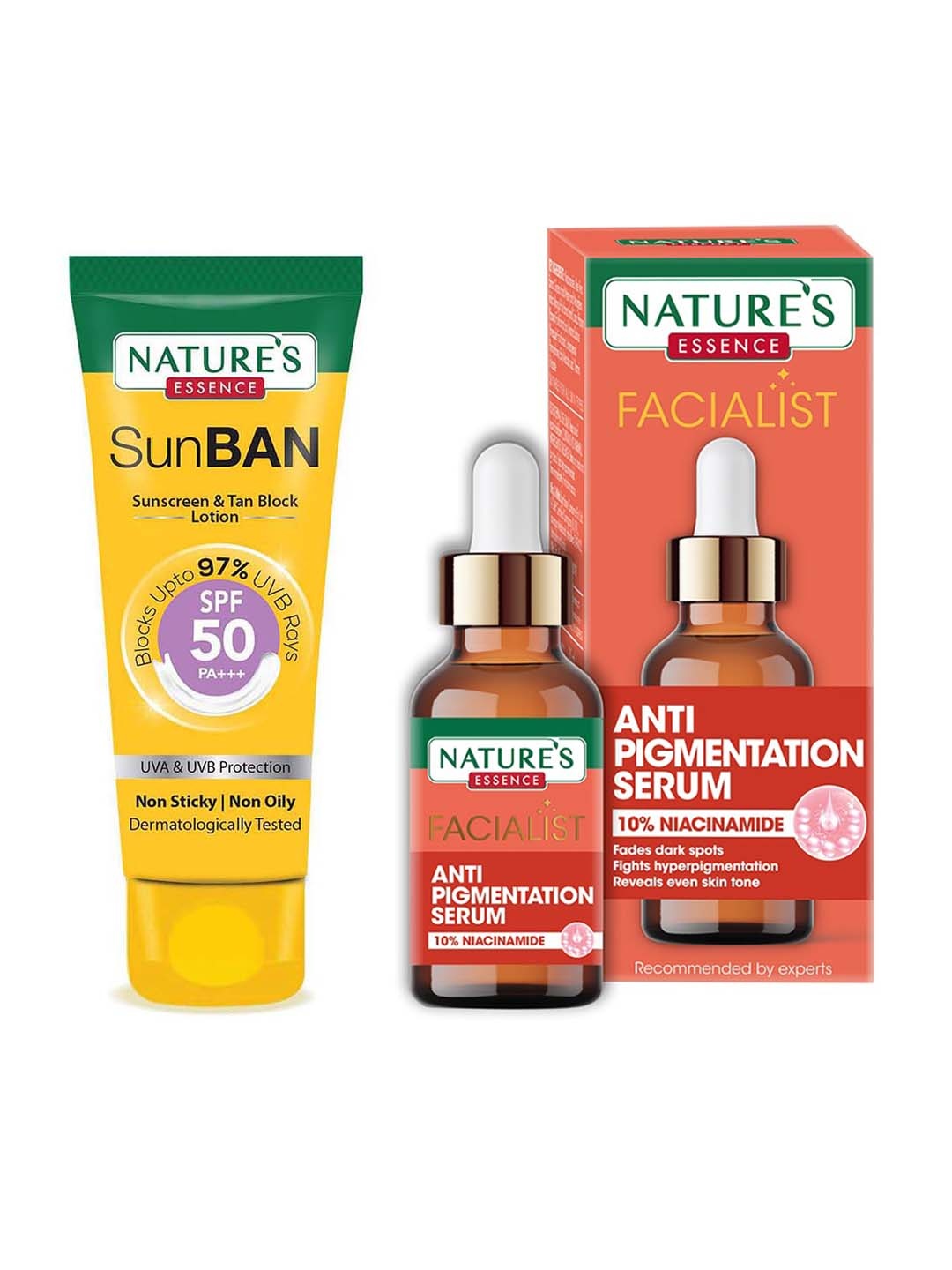 

Natures Essence Set of Facialist Anti-Pigmentation Serum & SunBan SPF50 PA+++ Sunscreen, Orange