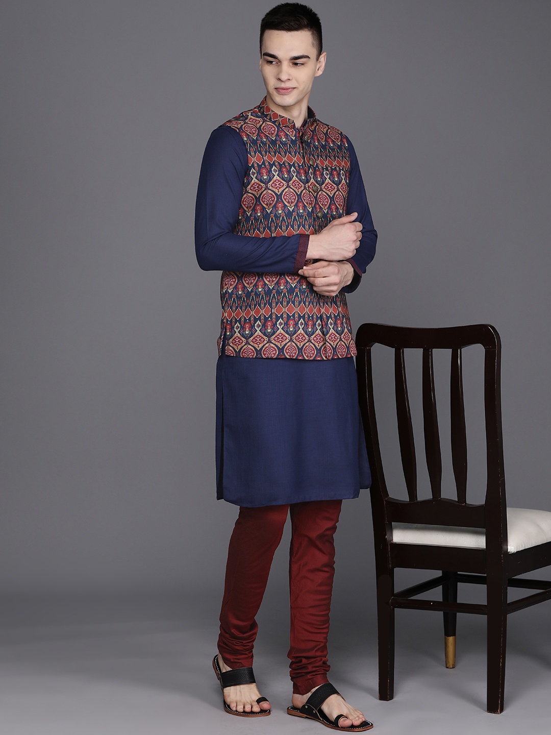 

Manu Straight Kurta with Churidar & Printed Nehru Jacket, Blue