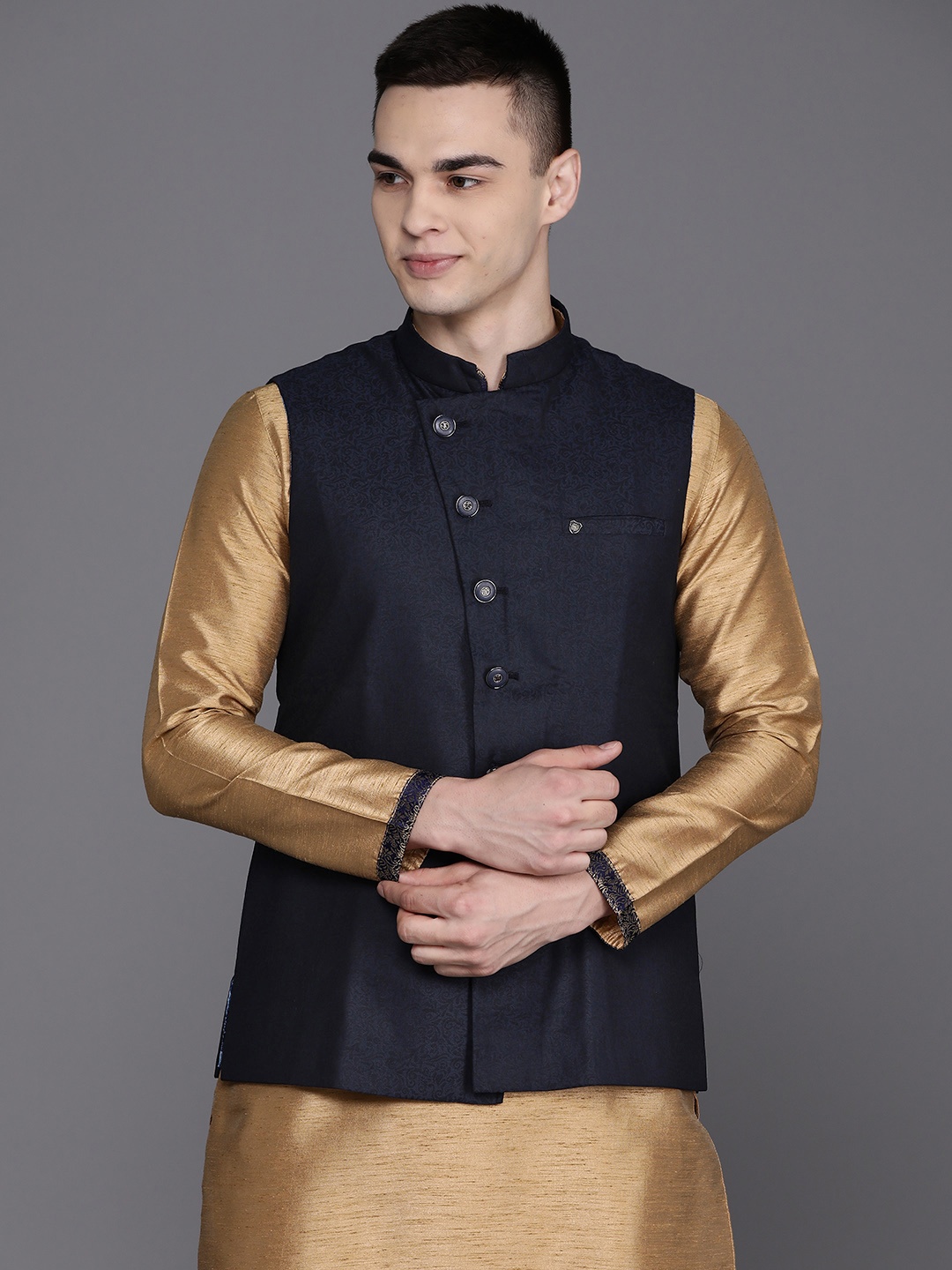 

Manu Woven Designed Sleeveless Nehru Jacket, Blue