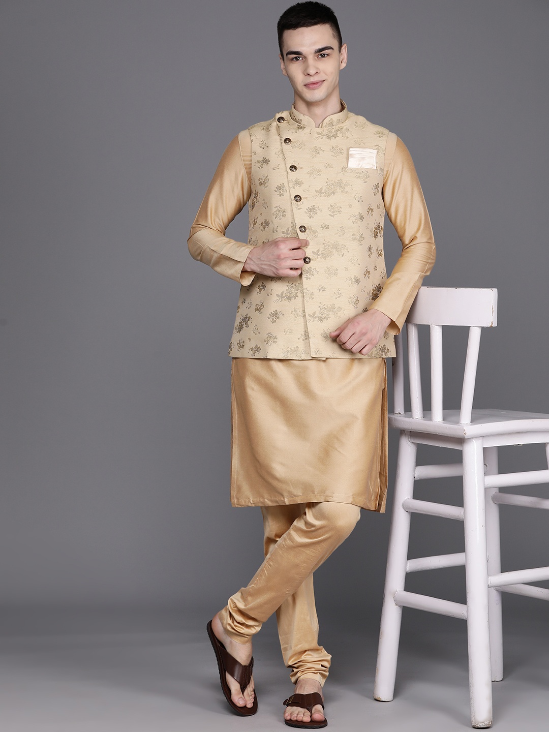 

Manu Men Solid Kurta with Churidar & Nehru Jacket, Beige