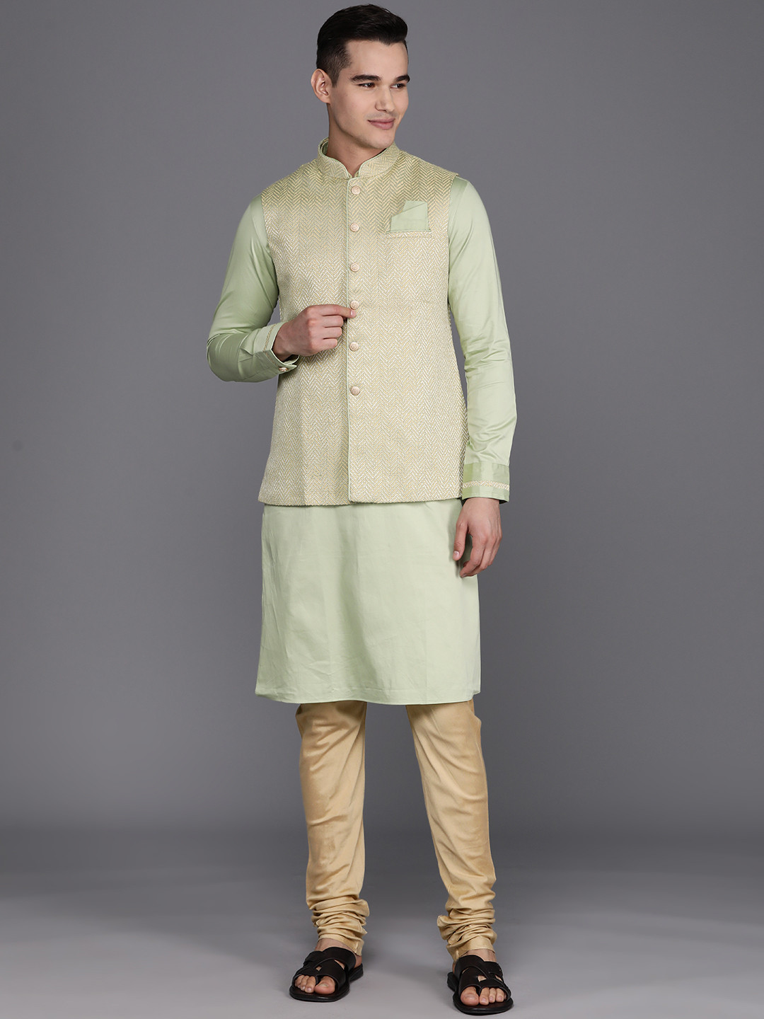 

Manu Men Solid Linen Kurta with Churidar & Nehru Jacket, Green