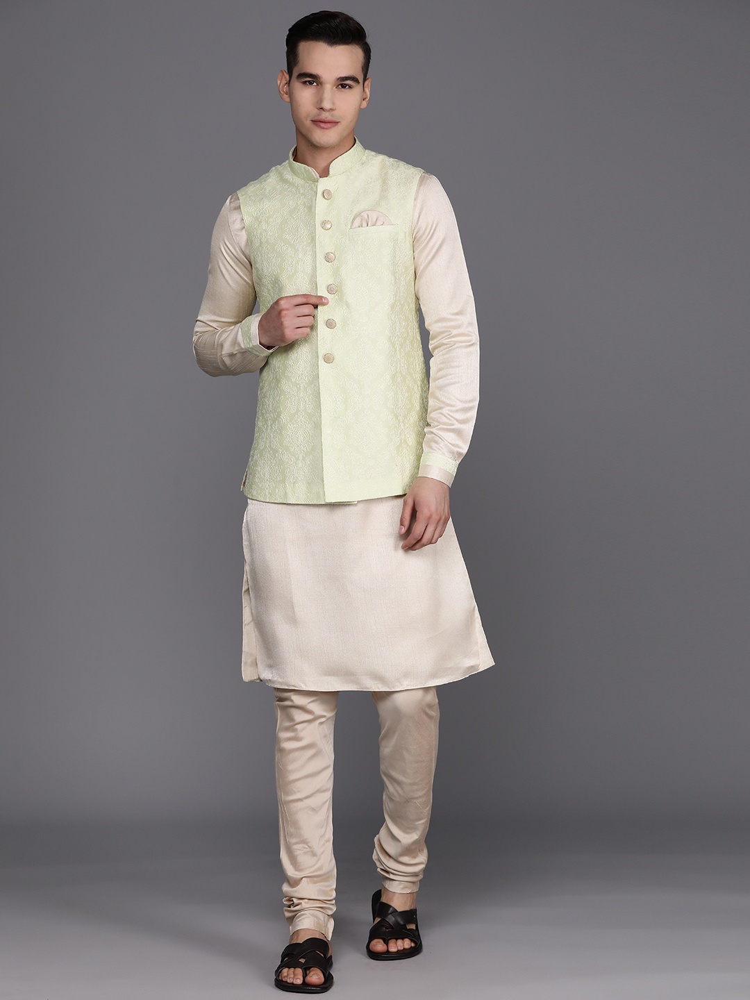 

Manu Men Solid Kurta with Churidar & Nehru Jacket, Beige