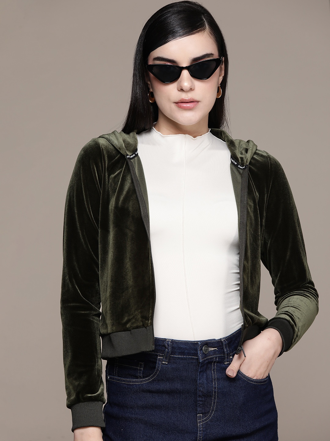 

bebe All Day Velour Hooded Sweatshirt, Olive