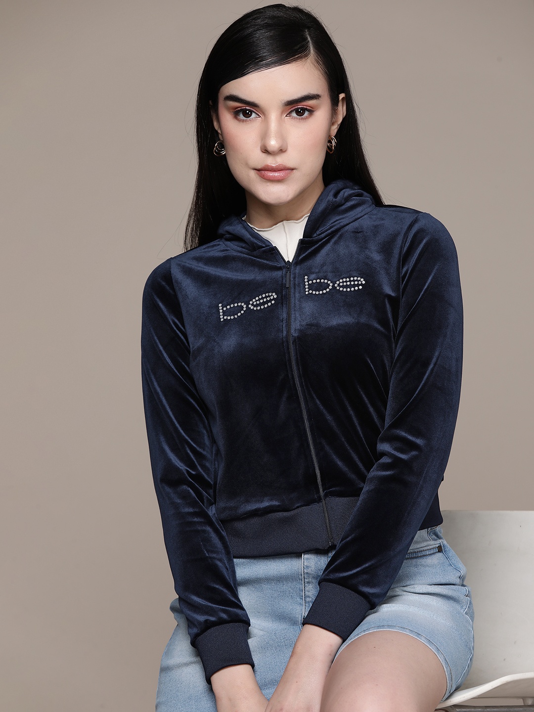 

bebe All Day Velour Hooded Sweatshirt, Navy blue