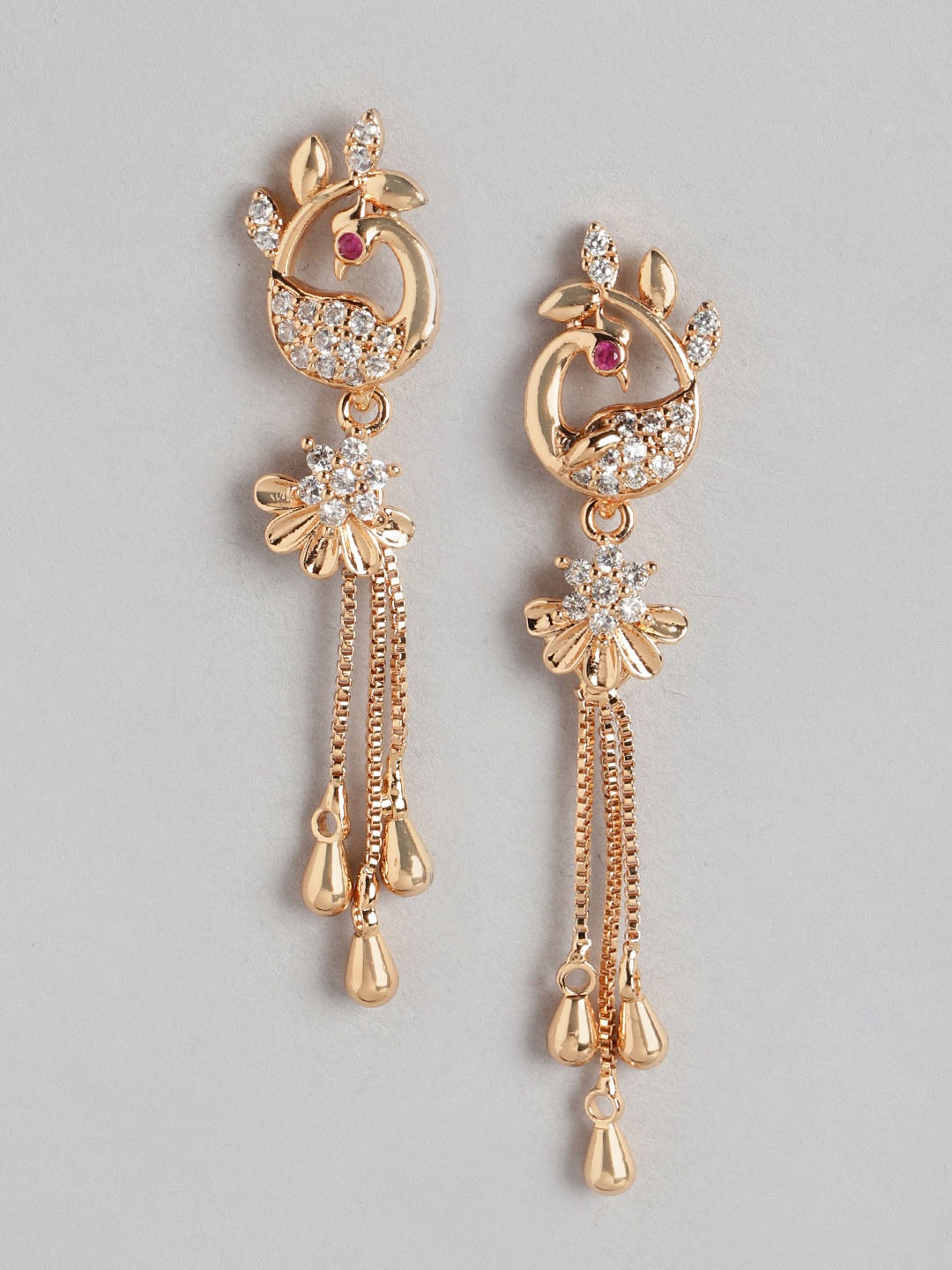 

Aadvik Designs Rose Gold-Plated AD Studded Peacock Shaped Drop Earrings