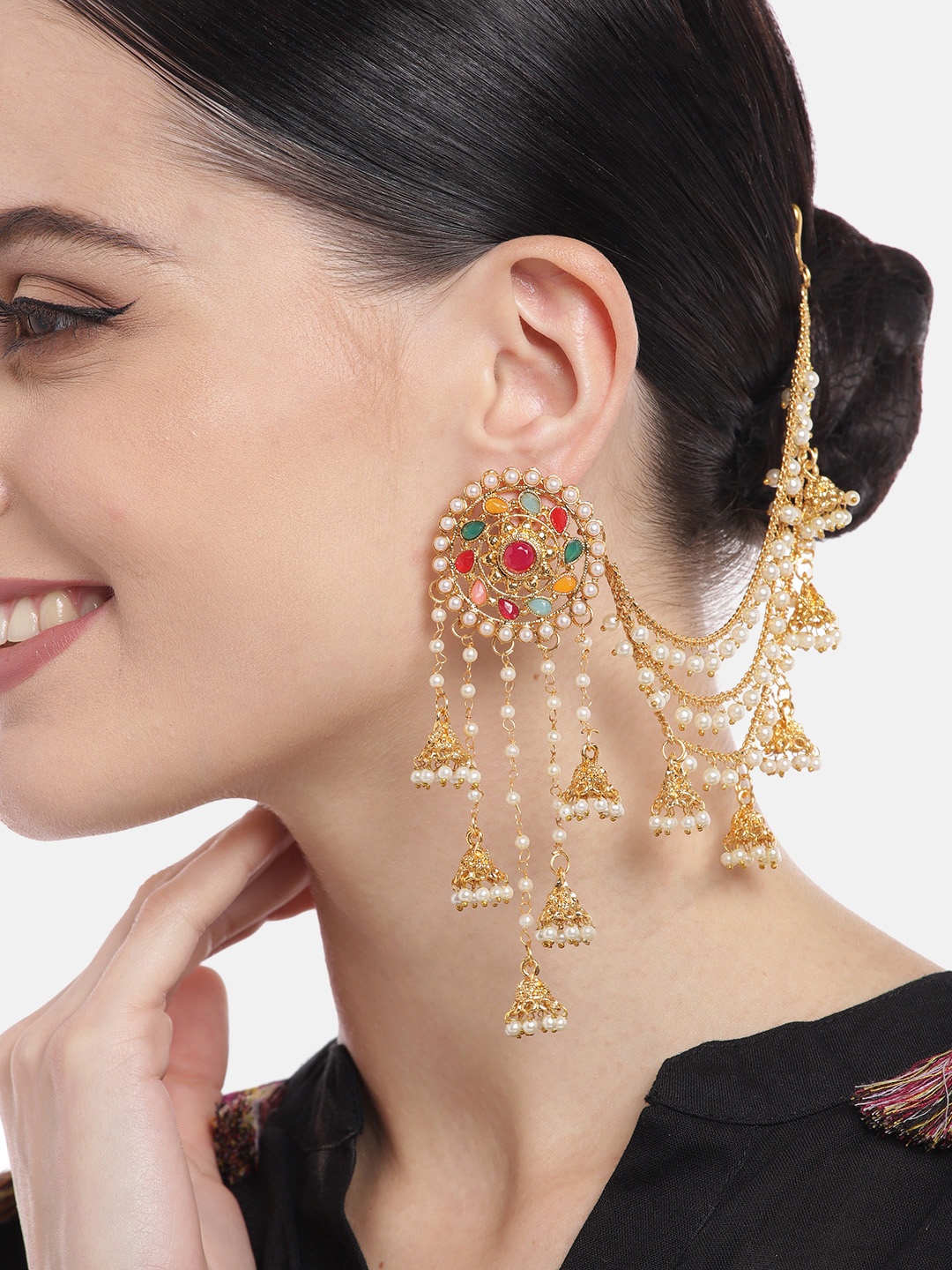 

Aadvik Designs Gold-Plated Contemporary Jhumkas Earrings with Chain