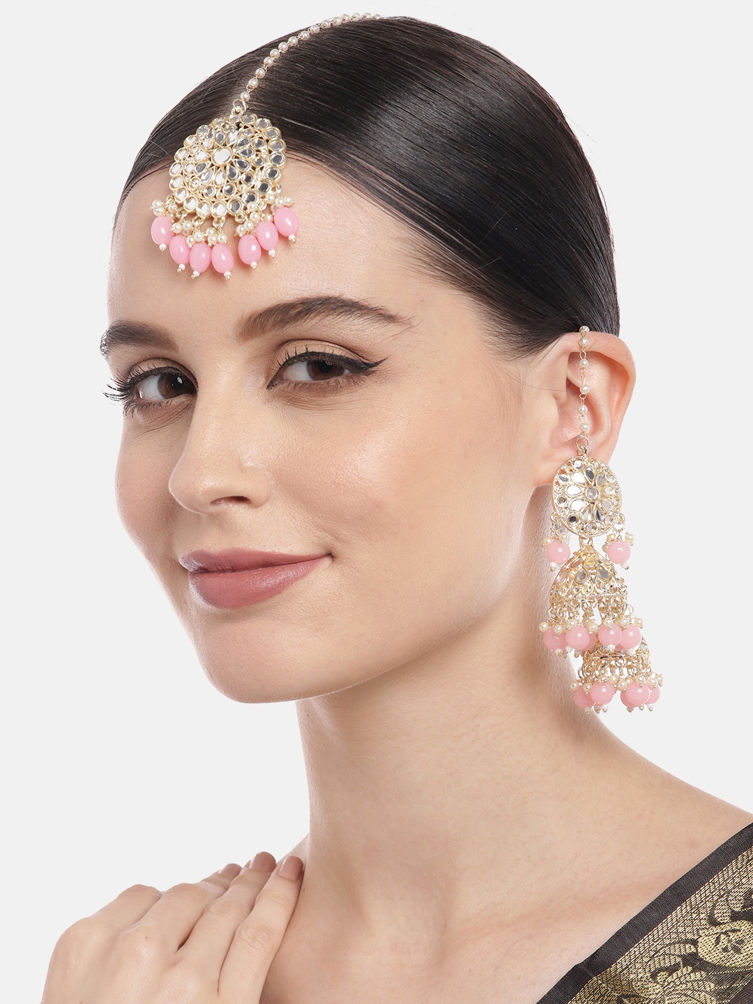 

Aadvik Designs Women Gold-Plated Kundan Beaded Cuff Earrings with Maang Tikka