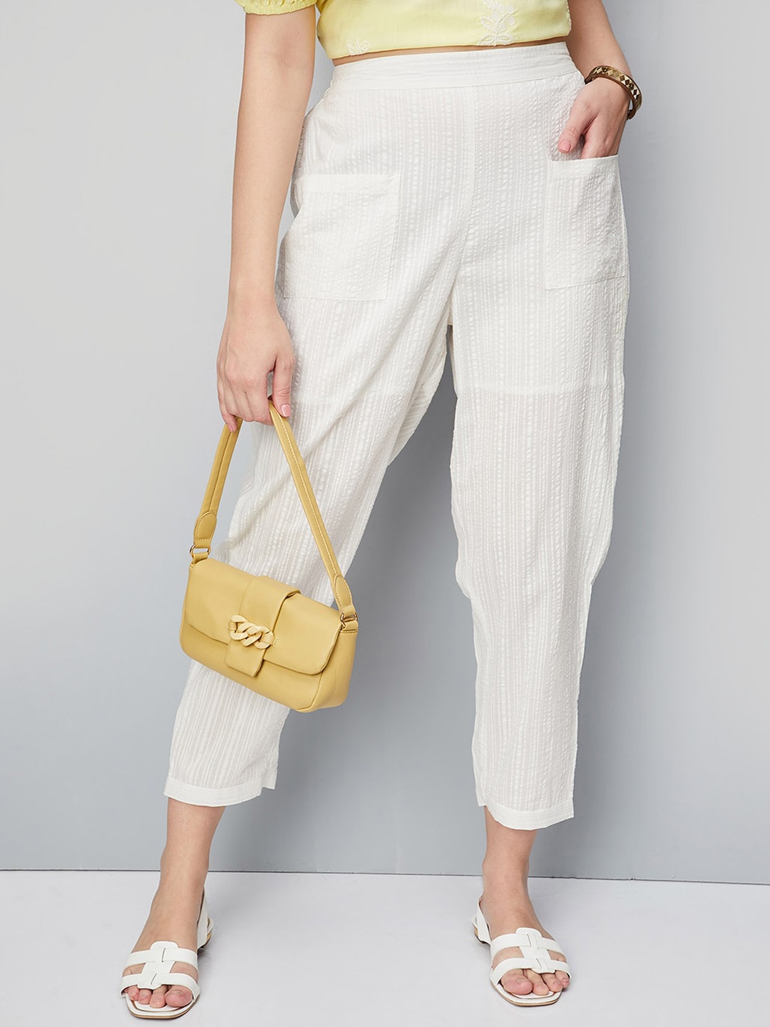 

max Women Textured Self Design Regular Cropped Pure Cotton Trousers, White
