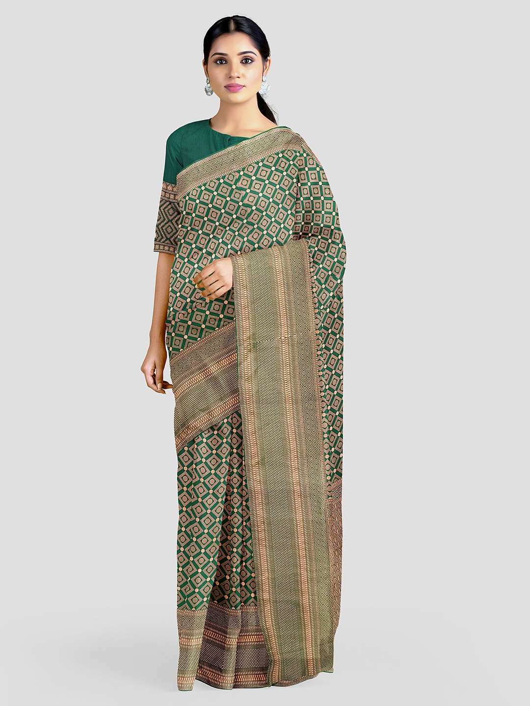 

Naishu Trendz Geometric Printed Pure Silk Kanjeevaram Saree, Green