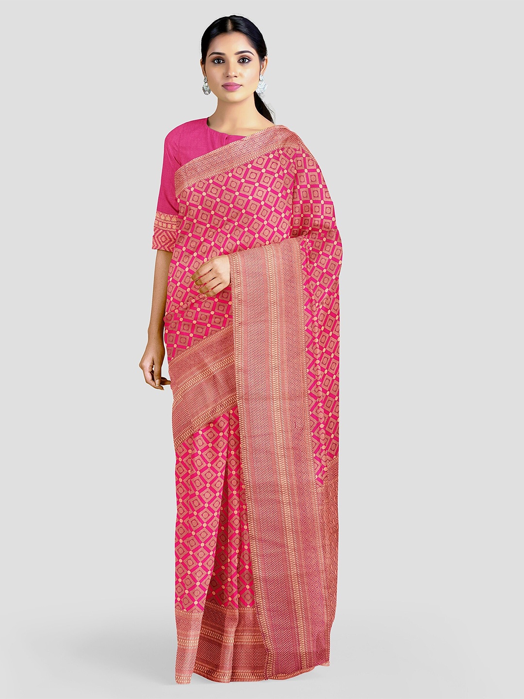 

Naishu Trendz Geometric Printed Pure Silk Kanjeevaram Saree, Peach