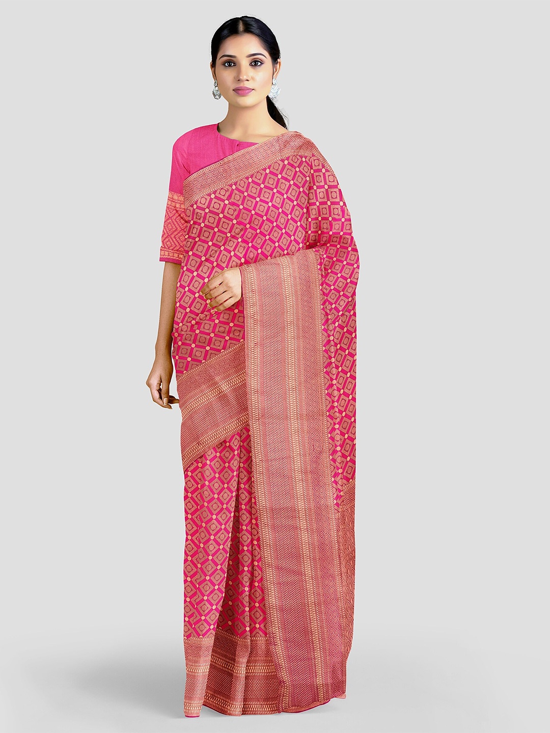 

Naishu Trendz Geometric Printed Pure Silk Kanjeevaram Saree, Pink