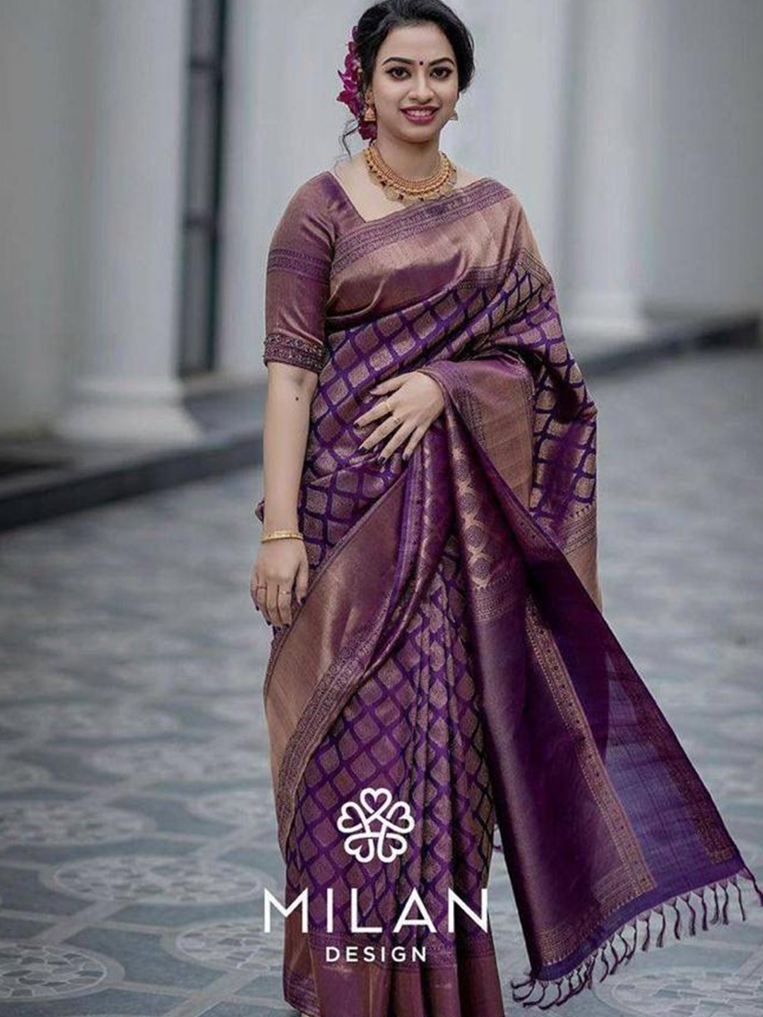 

Naishu Trendz Ethnic Motif Woven Design Zari Pure Silk Kanjeevaram Saree, Purple