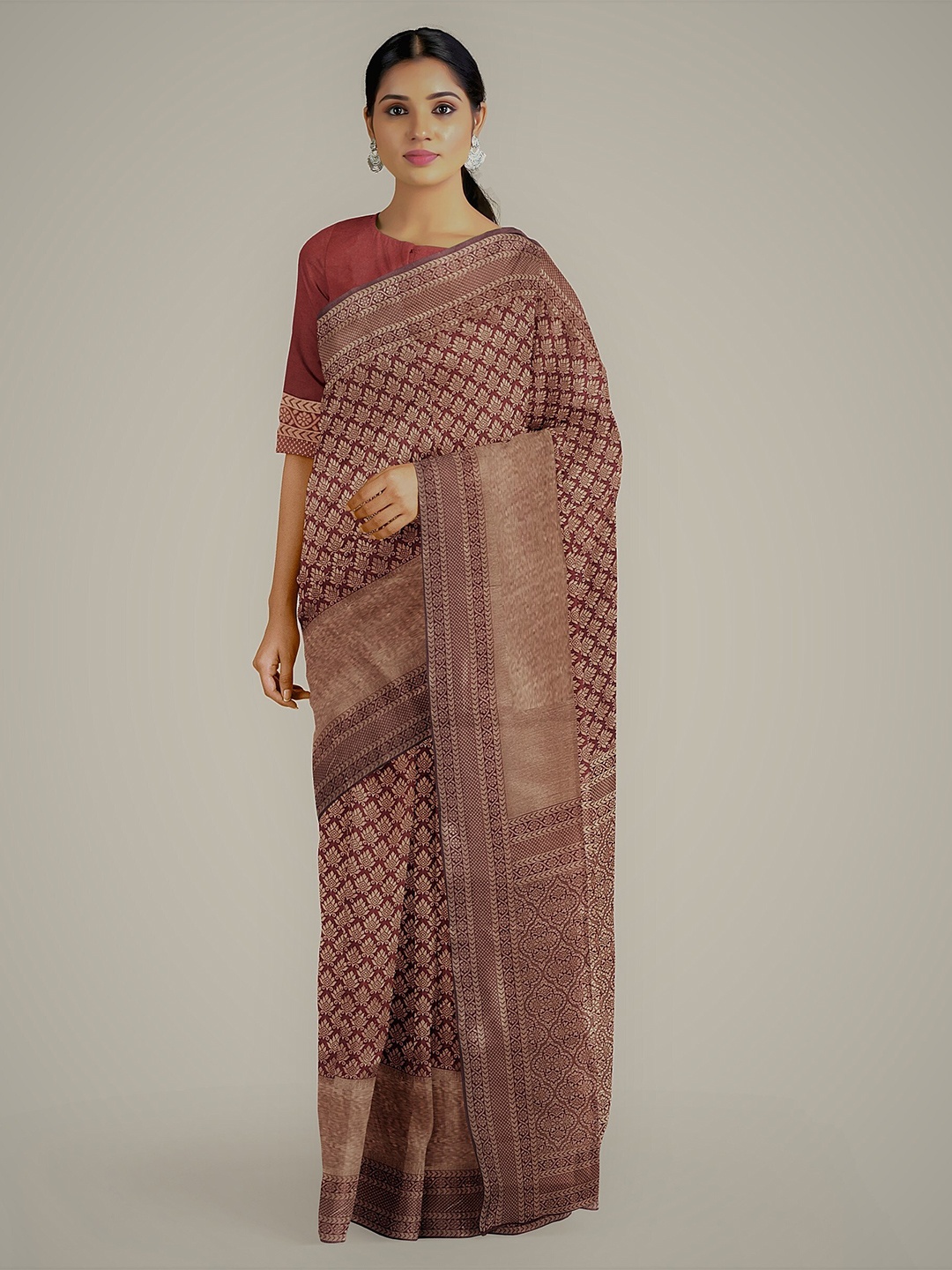 

Naishu Trendz Ethnic Motifs Printed Pure Silk Kanjeevaram Saree, Brown