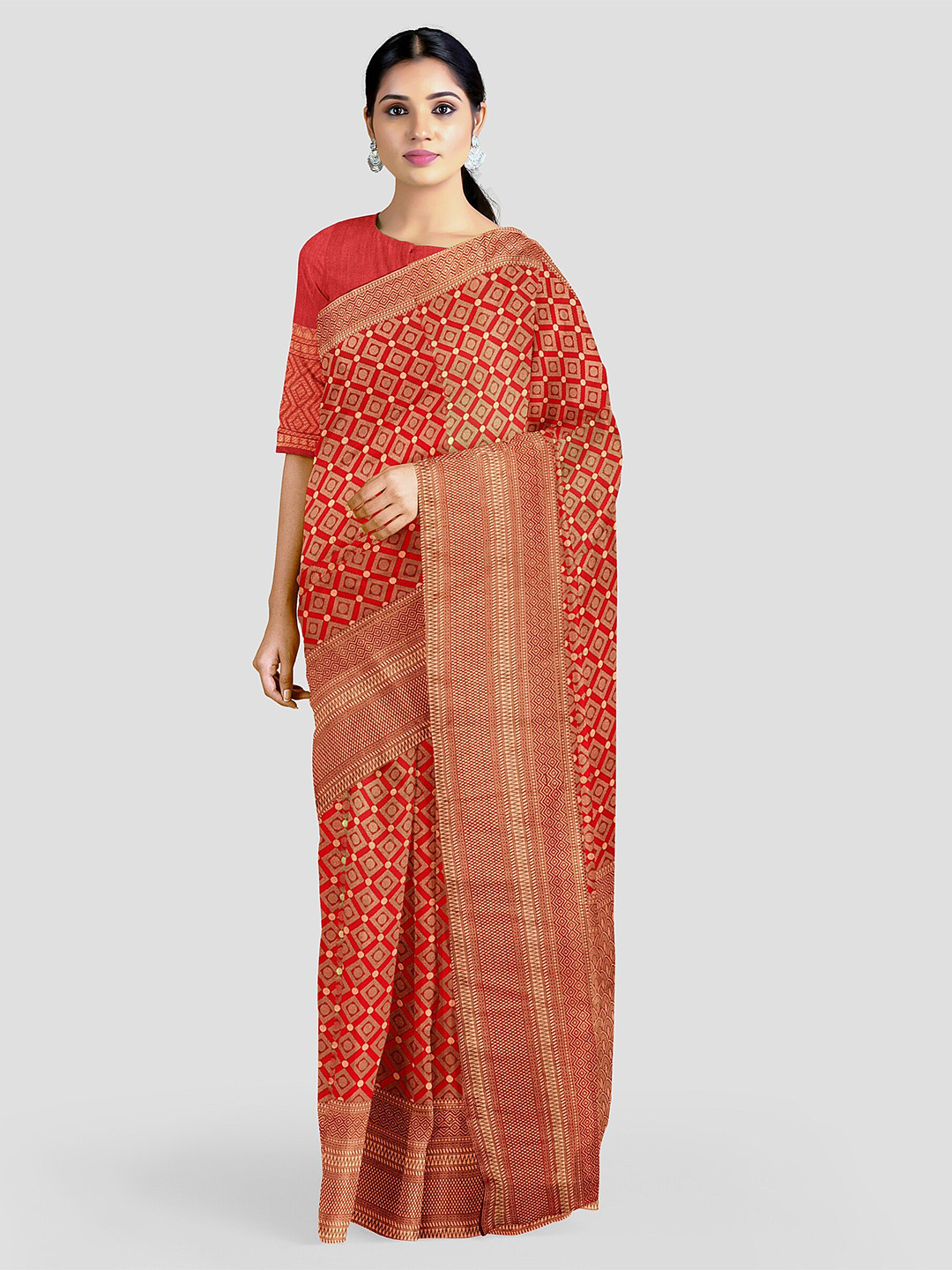 

Naishu Trendz Geometric Printed Pure Silk Kanjeevaram Saree, Red