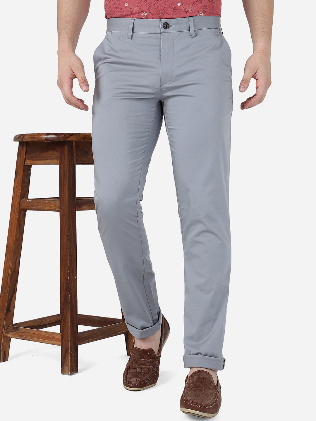 

JADE BLUE Men Mid Rise Slim Fit Pure Cotton Trousers, Grey