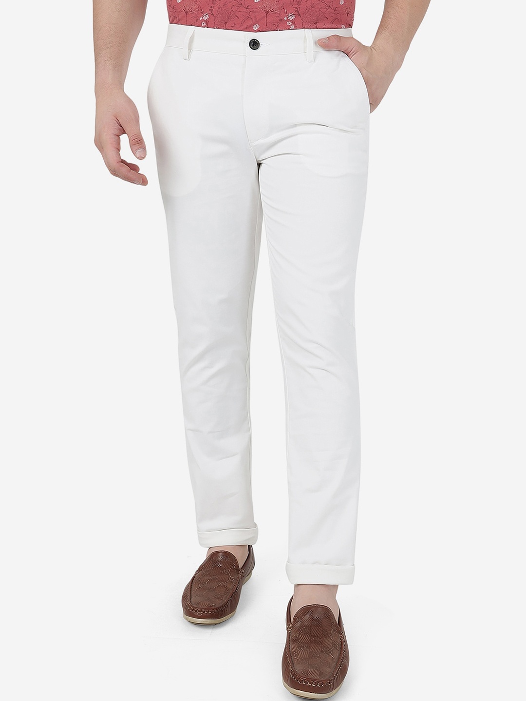 

JADE BLUE Men Slim Fit Mid-Rise Pure Cotton Trousers, White