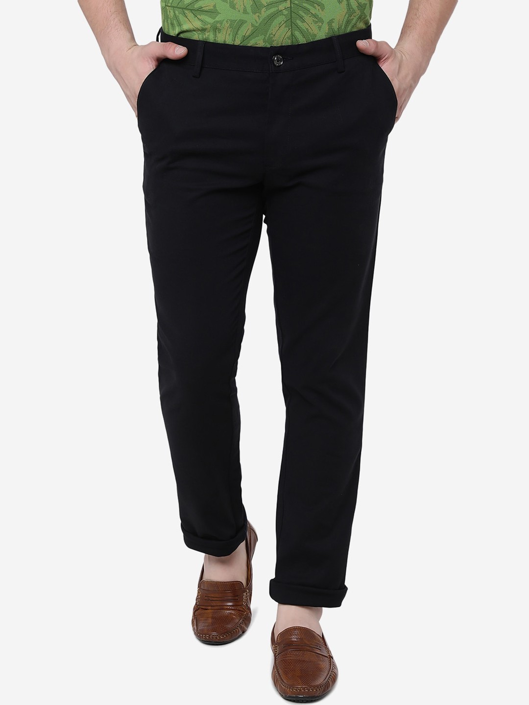 

JADE BLUE Men Slim Fit Mid-Rise Pure Cotton Trousers, Black