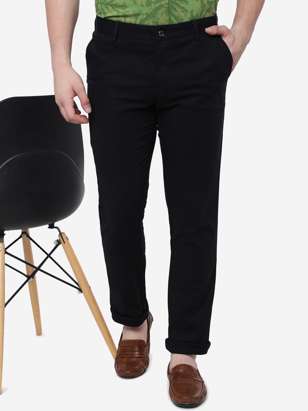 

JADE BLUE Men Mid Rise Slim Fit Pure Cotton Trousers, Black