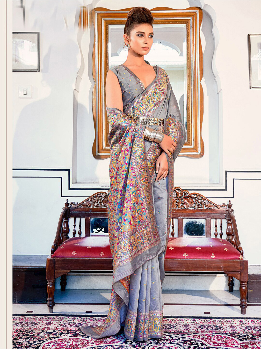 

Mitera Grey & Yellow Woven Design Silk Cotton Jamdani Saree